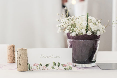 floral wedding seating tag and bouquet